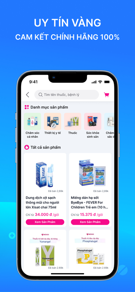 MEDIGO - Đặt thuốc nhanh 24/7 - Interface of the MEDIGO app showing medicine categories and authentic healthcare products