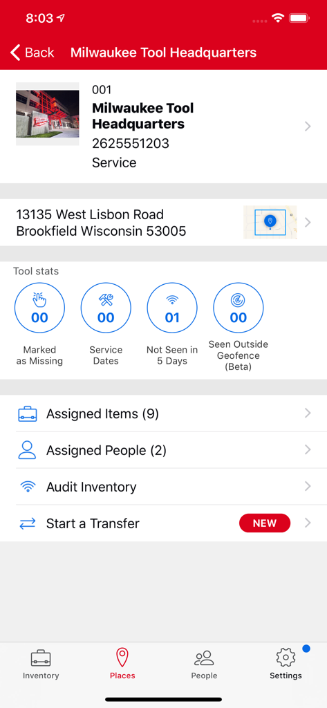 Milwaukee ONE-KEY app dashboard showing tool status and inventory management for a specific job site location
