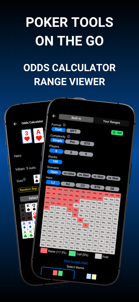 Poker Trainer - Learn Poker - Poker Trainer App-Bildschirm, der den Quotenrechner und die Preflop-Range-Chart anzeigt