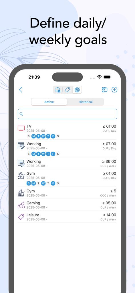 ATracker Time Tracker - A phone screen displaying the ATracker app goals interface with daily and weekly targets for work gym and gaming