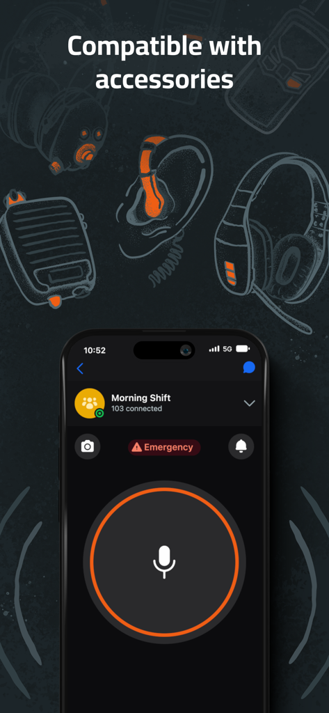 Zello app interface showing push to talk button and compatibility with professional audio accessories
