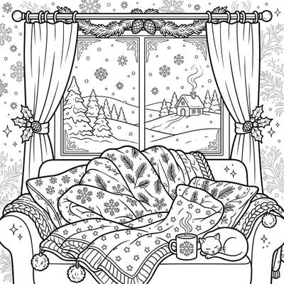 Immerse yourself in the ultimate winter comfort with this delightful coloring page featuring cozy weighted blankets and a serene snowy landscape. Experience the joy of a tranquil, warm retreat from the cold as you bring this charming scene to life.