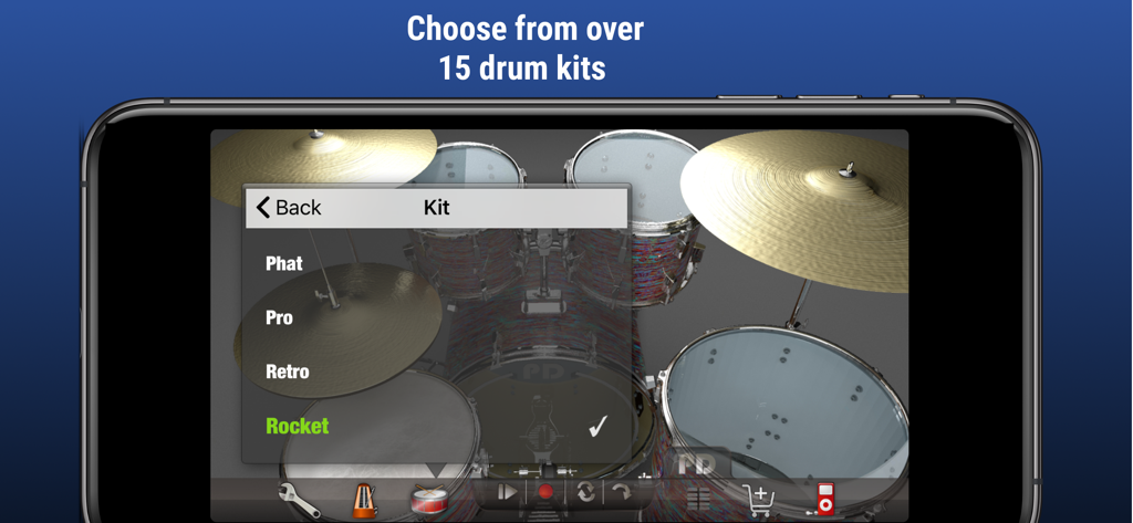 Pocket Drums - A smartphone displaying the Pocket Drums app with a menu to choose from over 15 realistic drum kits including Phat, Pro, Retro, and Rocket.