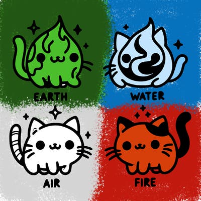 4 cats that represent the different elements, earth, water, air, and fire
