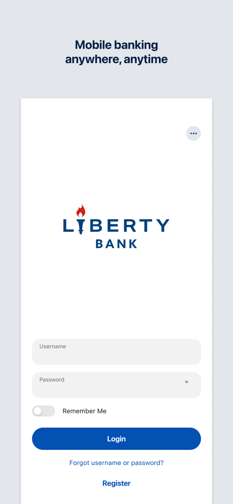 Liberty Bank CT - Liberty Bank CT mobile app login page with fields for username and password