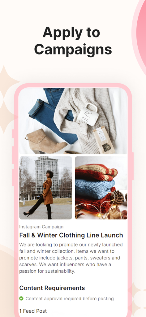 Collabstr - Mobile app interface showing brand campaign details for creators to apply