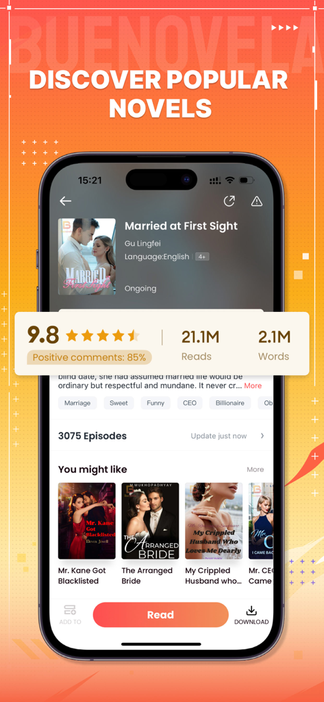 BueNovela - leer novela libro - 読者統計と推薦とともにMarried at First Sightという小説を表示するBueNovelaアプリのスマートフォン画面