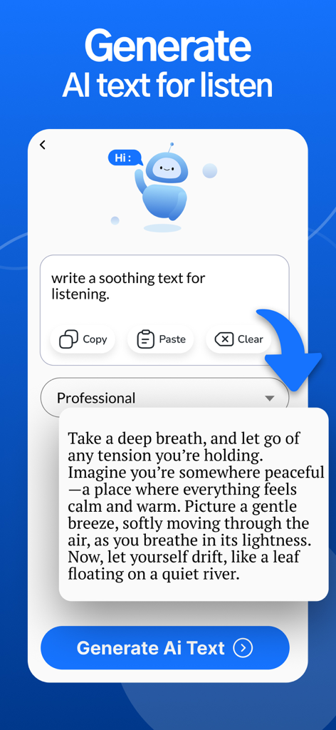 Read Aloud TTS: Text to Speech - Interface of the Read Aloud TTS app showing the AI text generation feature with a prompt to write soothing text for listening