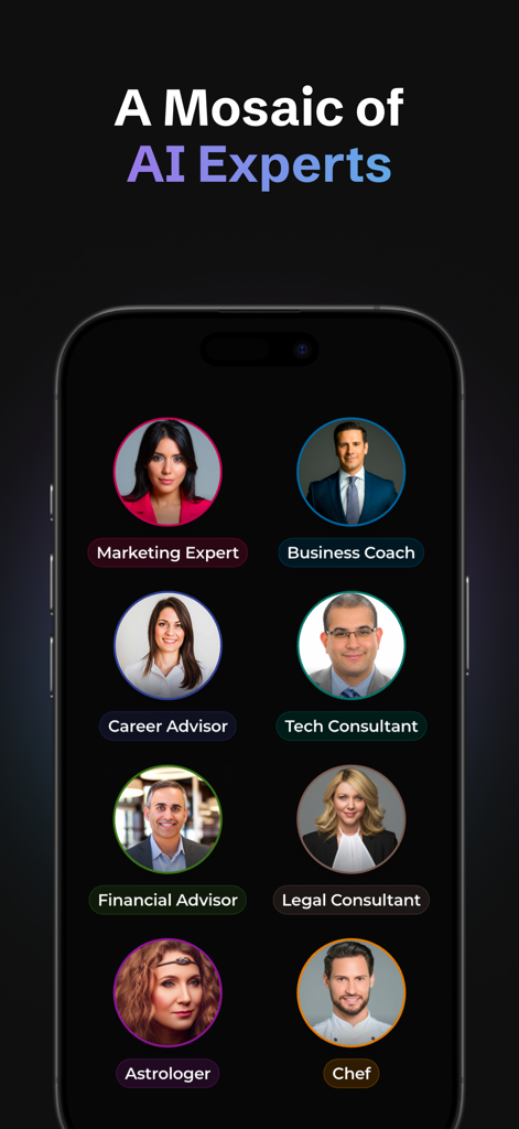 Mosa AI: Chatbot Assistant - A smartphone screen from the Mosa AI app showing a mosaic of AI experts including a Marketing Expert, Business Coach, Career Advisor, and more.