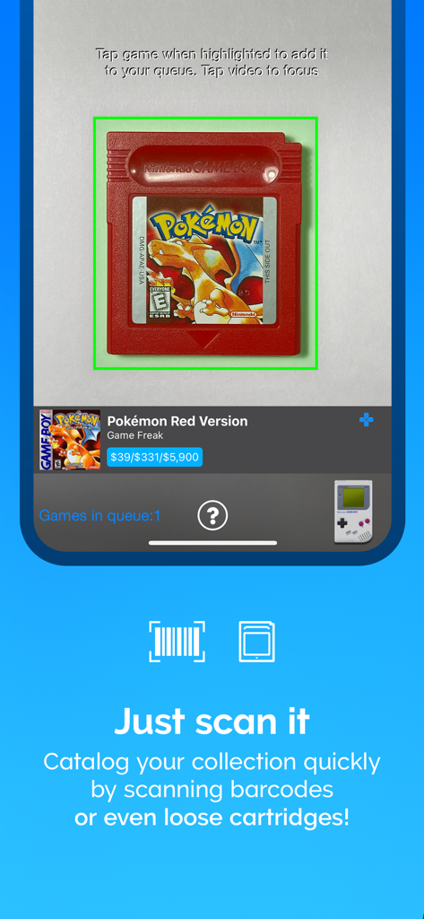 GAMEYE app scanning a Pokemon Red Game Boy cartridge to catalog a collection