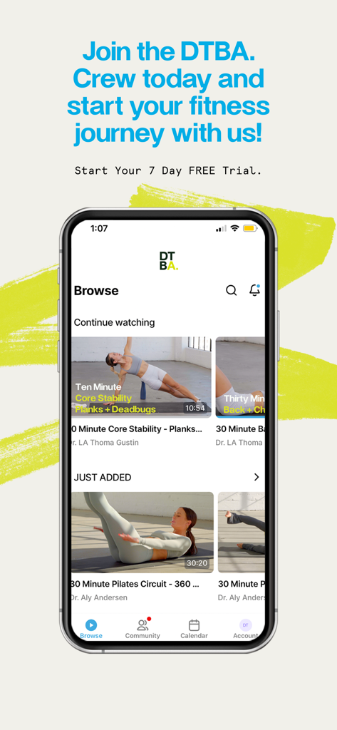 DTBA - Captura de tela da tela de navegação do aplicativo DTBA mostrando vídeos de exercícios de estabilidade do core e pilates