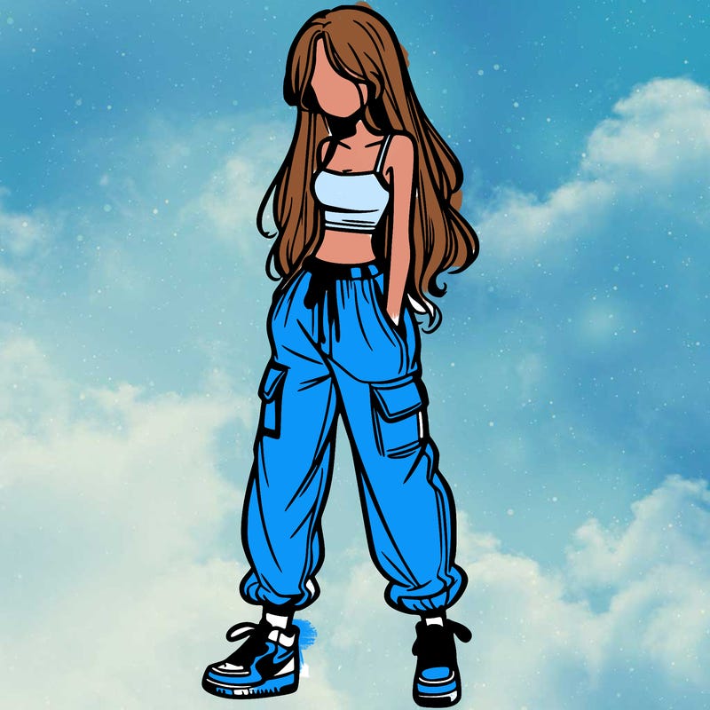 girl in baggy pants crop top and long hair