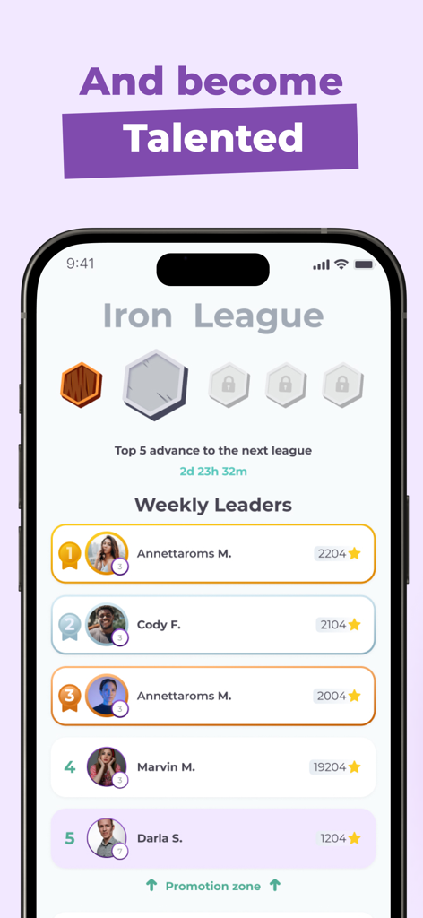 Talented: Music Learning App - Clasificación semanal de la Liga de Hierro en la app de aprendizaje musical Talented mostrando los mejores rankings de estudiantes y puntos.