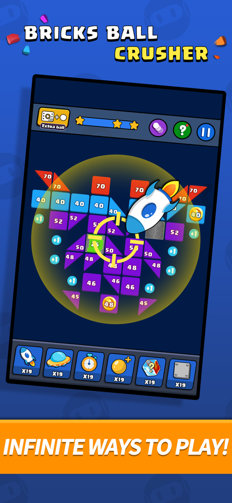 Bricks Ball Crusher - Bricks Ball Crusher game interface showing a rocket power-up and colorful brick levels.