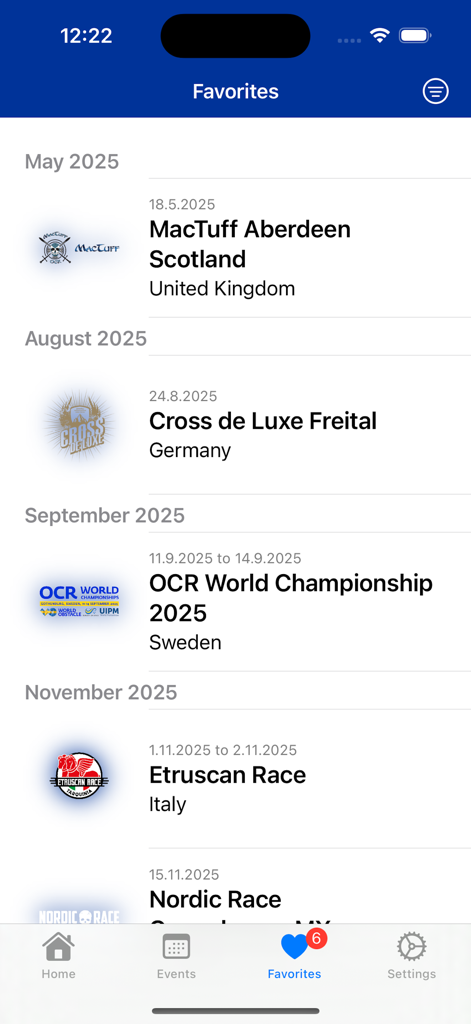OCR Europe app favorites screen displaying a list of saved obstacle course races across European countries.