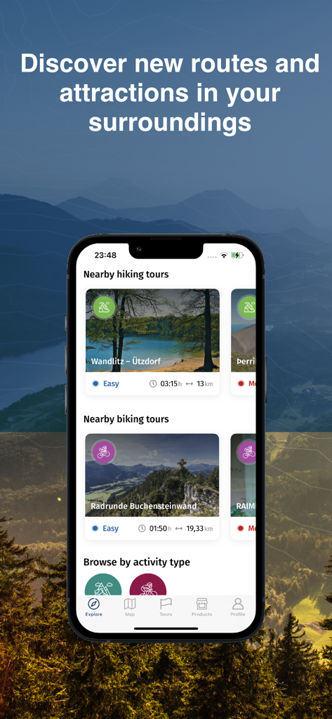 KOMPASS Outdoor & Hiking Maps - KOMPASS app explore screen showing curated hiking and biking tours