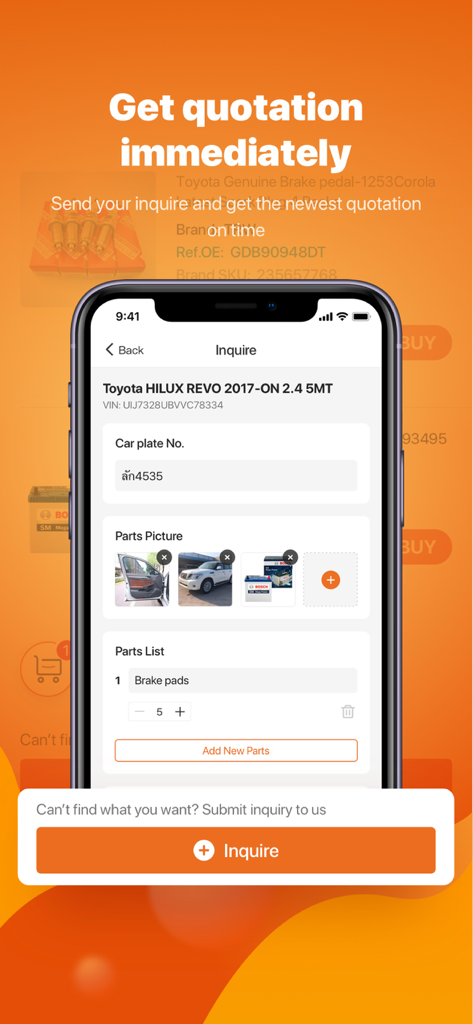 EGG Mall - EGG Mall app interface for submitting an automotive parts quotation inquiry with car details and part photos