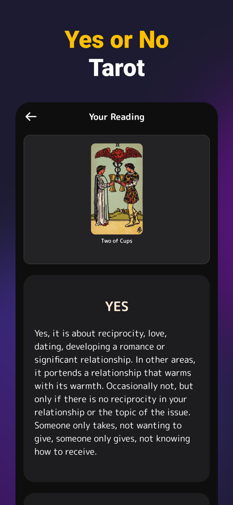 Tarot Card Reading and Meaning - Una pantalla de la aplicación Lectura de Tarot que muestra una tirada de Sí o No con la carta de los Dos de Copas y un resultado de lectura positivo