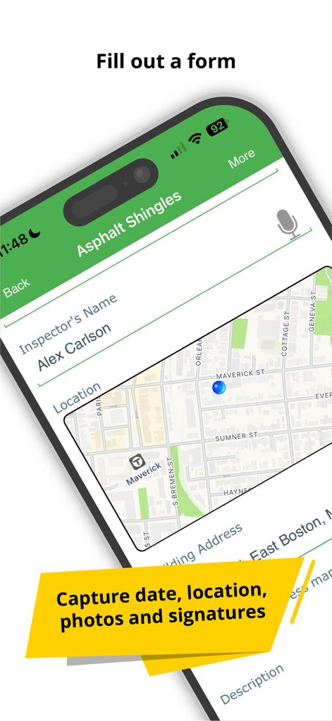 Roof Inspection - Roof inspection app interface showing a form for asphalt shingles with an integrated map location