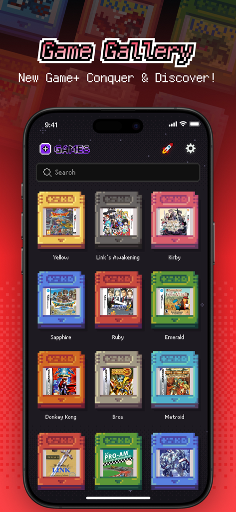 Interfaccia dell'app emulatore MON che mostra una galleria di titoli di giochi retrò visualizzati come cartucce vintage colorate su uno schermo iPhone