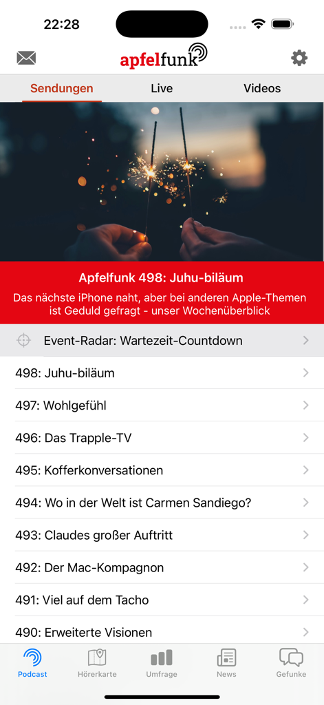 Funkgerät - Die Apfelfunk-App-Oberfläche zeigt die Liste der Podcast-Episoden und das Navigationsmenü