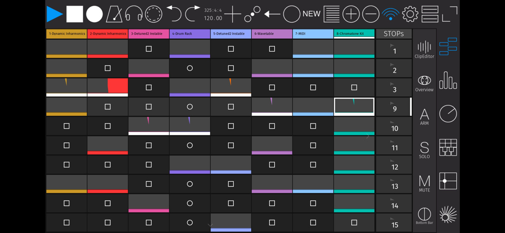 touchAble Pro - Interface de l'application touchAble Pro affichant une grille de clips et des contrôles de transport pour Ableton Live