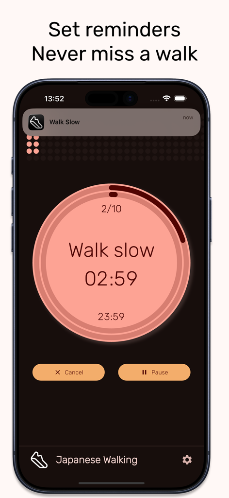 Japanese Walking Timer app interface showing a walk slow notification and circular interval countdown timer