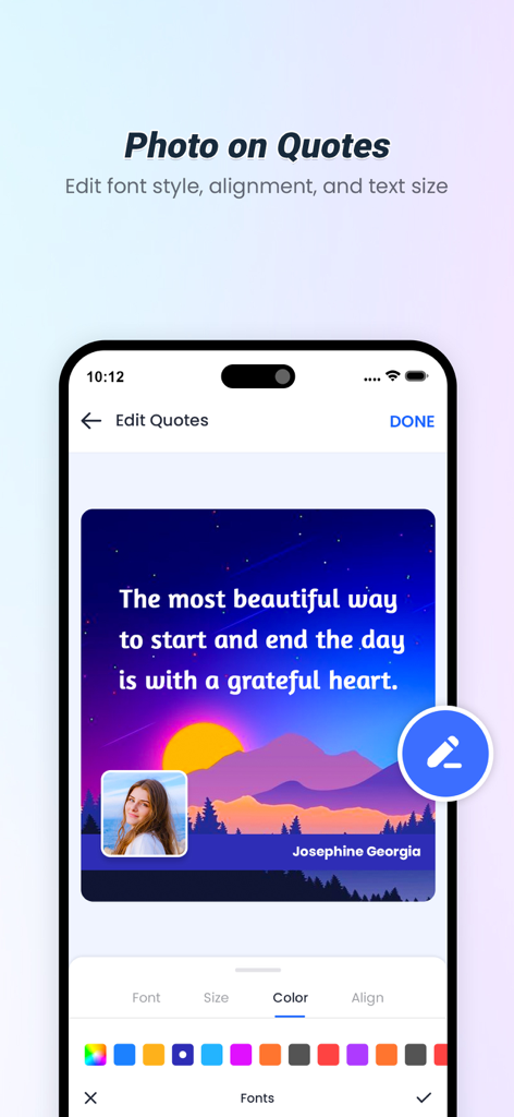 Quotes with name and photo - Schermata dello smartphone che mostra l'interfaccia di editing dell'app Quotify con una citazione personalizzata su una foto di montagna al tramonto