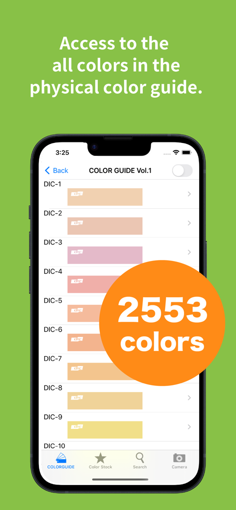 Smartphone screen displaying a digital library of 2553 colors from the DIC Color Guide app