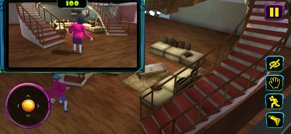 Gameplay screenshot of Scary Teacher 3D showing Miss T walking in a large house with a grand staircase and mobile game controls