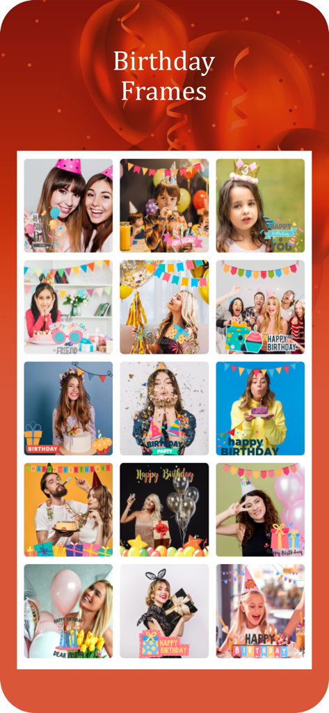 Happy Birthday Video Maker - Una cuadrícula que muestra varios marcos de fotos con temas de cumpleaños y plantillas de celebración