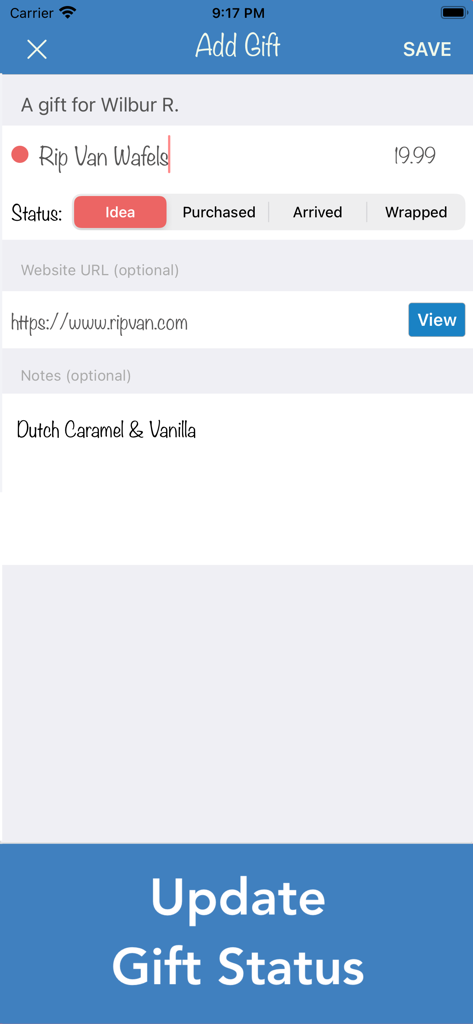 Birthday Countdown & Gift List - 생일 카운트다운 앱에서 선물 세부 정보를 추가하고 상태를 업데이트하는 인터페이스