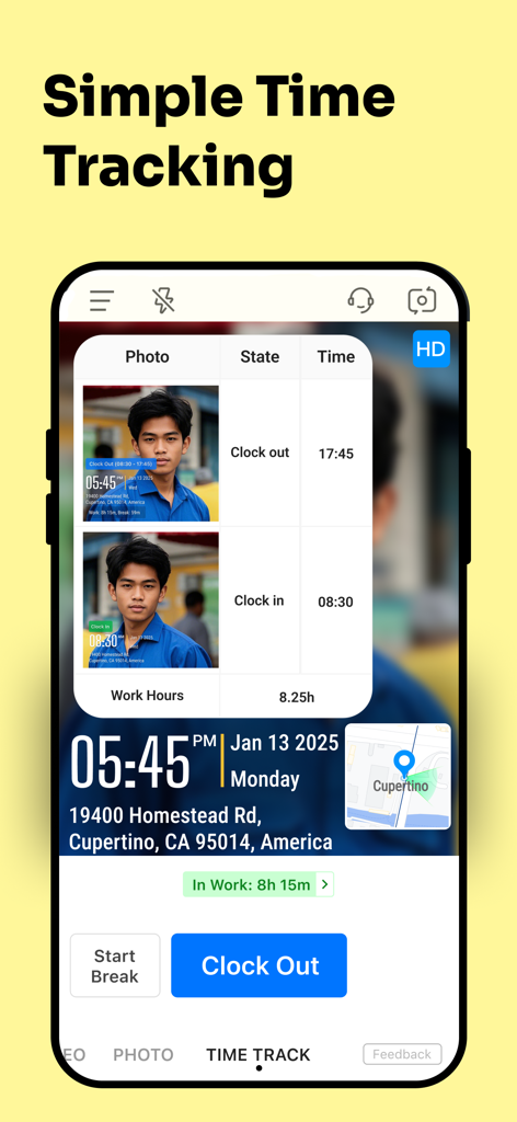Timemark app interface for simple time tracking featuring clock-in and clock-out with timestamped photos and GPS location