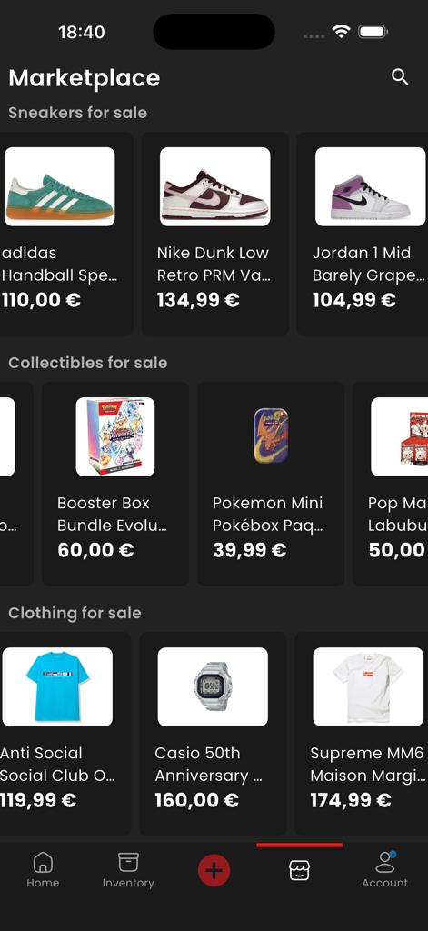 PocketSneaker app marketplace showing sneakers collectibles and clothing listings
