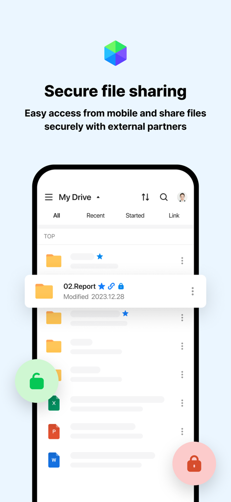 LINE WORKS: Team Communication - LINE WORKS mobile app interface displaying secure file sharing and drive management features