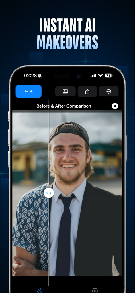 Before and after comparison of a man in a casual shirt transformed into a professional suit using AI photo editing