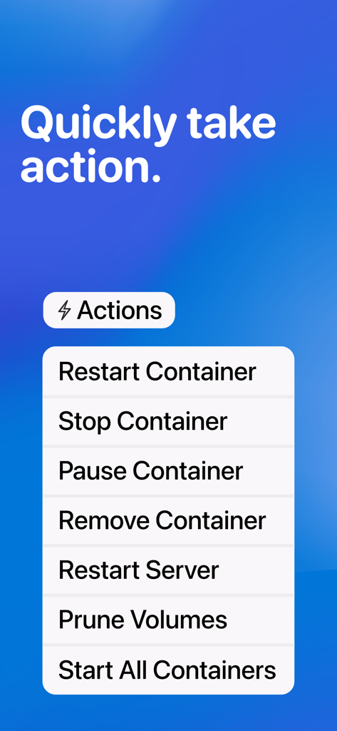 コンテナの再起動や停止などのクイックDockerアクションのリストを表示するWhaleDeckモバイルアプリインターフェース。