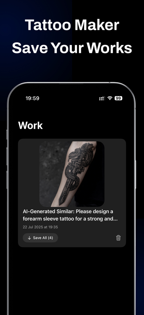 A screen showing a saved AI-generated forearm sleeve tattoo design in the Ink AI app.