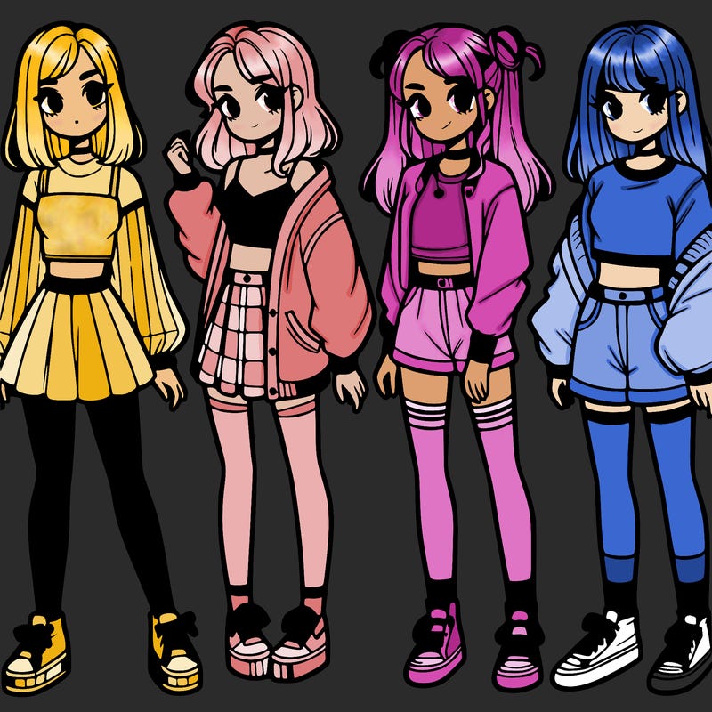one girl with crop-top shirt and a jacket with a skirt, long socks and another girl with a shirt and pants with a jacket