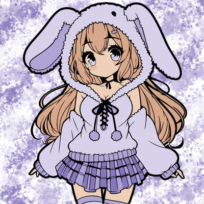 pretty anime girl wearing a fluffy hoodie with bunny ears on the hood and a skirt