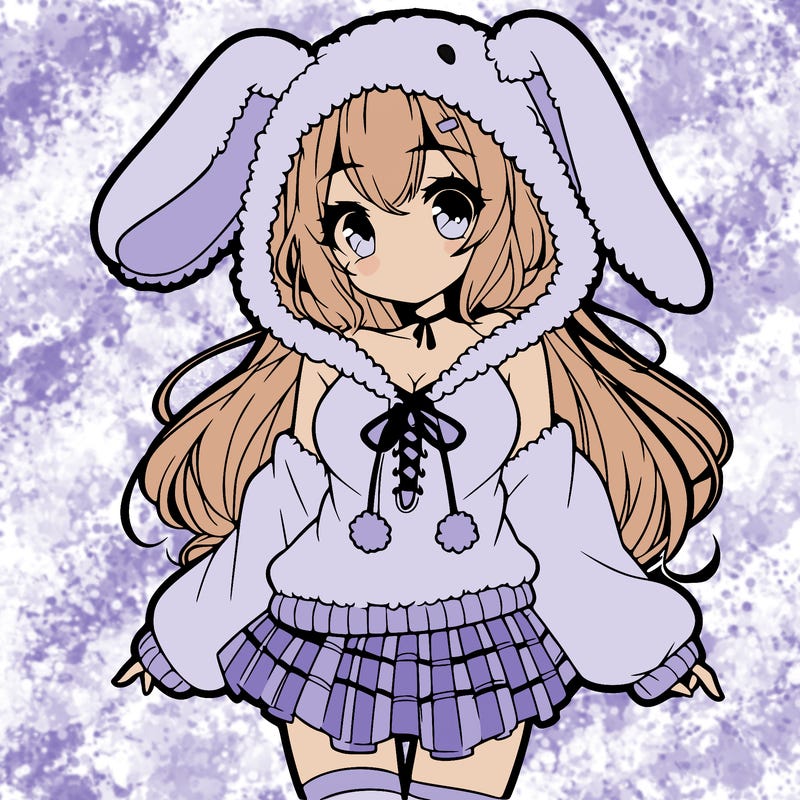 pretty anime girl wearing a fluffy hoodie with bunny ears on the hood and a skirt
