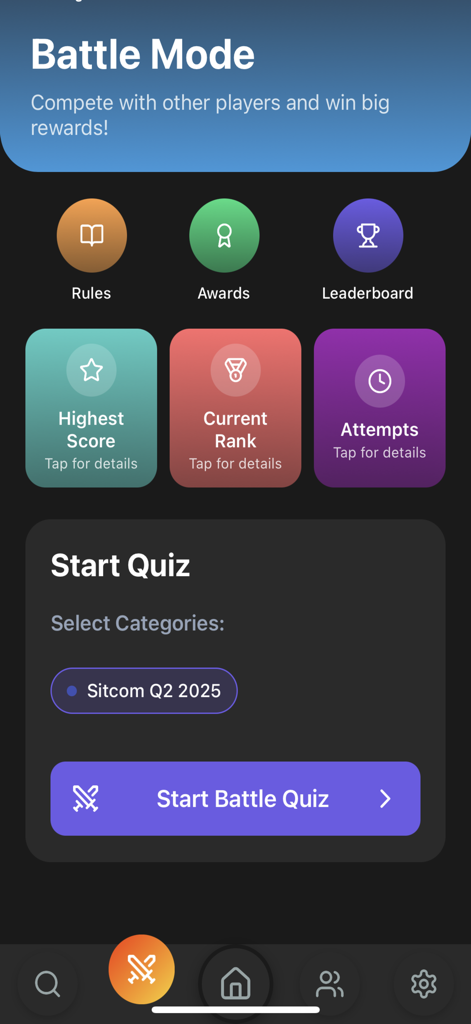 Sitcom QuizUp - Sitcom QuizUp app Battle Mode screen showing quiz categories and start button