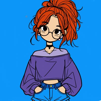 girl with a messy ponytail glasses a baggy crop top and jean shorts