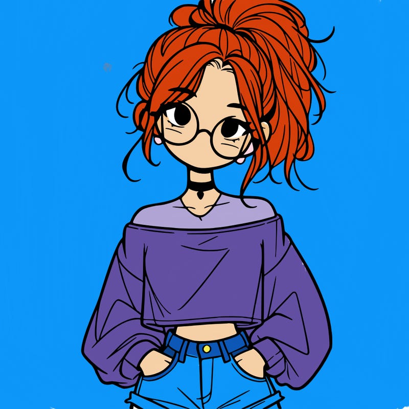 girl with a messy ponytail glasses a baggy crop top and jean shorts