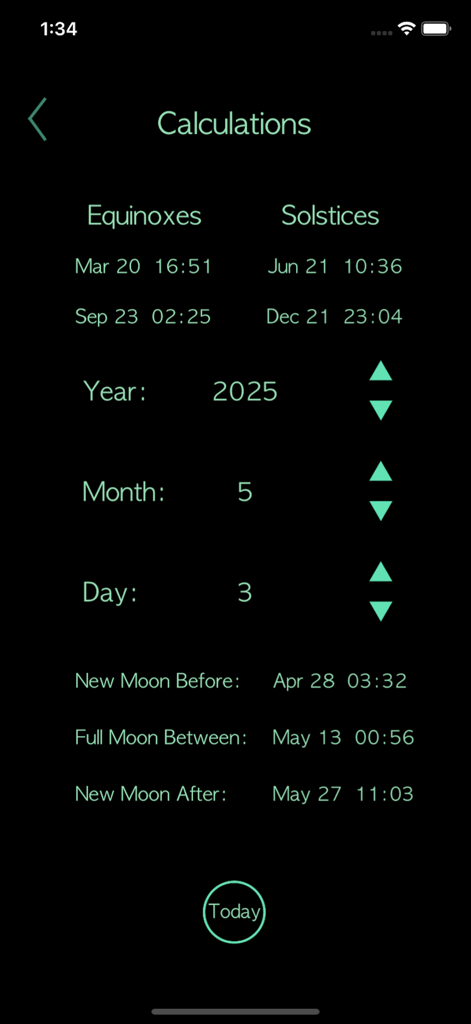 3D Astronomy : Celestial Globe - Calculations screen for equinoxes solstices and moon phases in the 3D Astronomy app