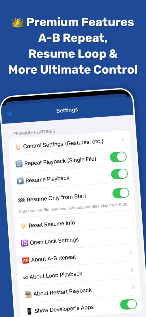Mugen Player premium settings menu with advanced playback controls like A-B repeat and loop playback