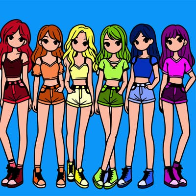 a group of girls wearing crop tops and shorts