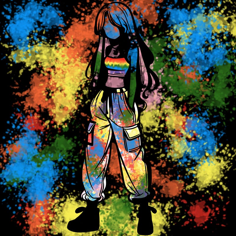 girl in baggy pants crop top and long hair