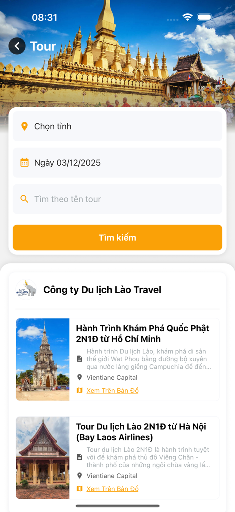 Lao Travel - Lao Travelアプリのツアー予約画面。ビエンチャンへの旅行パッケージが特徴です。