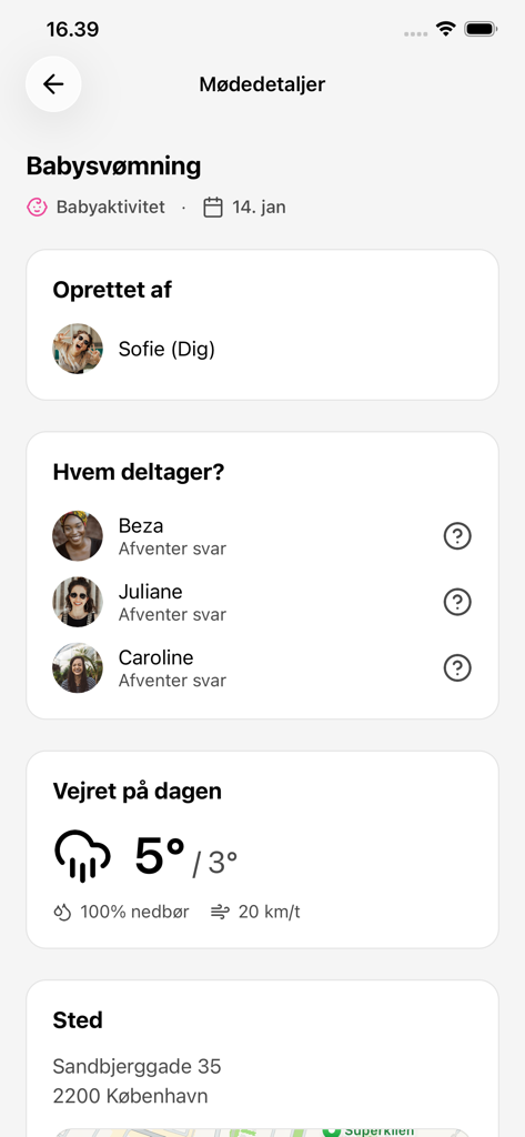 POPPY - Pantalla de la app POPPY mostrando detalles de una actividad de natación para bebés, incluyendo participantes y el clima local